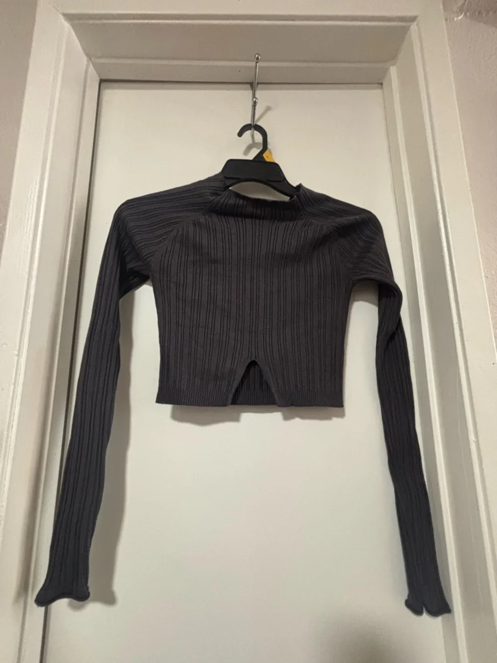 Garage Ribbed Long-Sleeve Crop Top in Charcoal - Picture 1 of 6